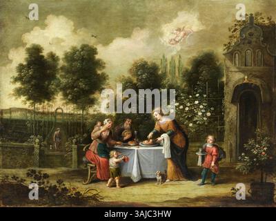 Cette peinture du XVIIe siècle d'Abraham Willemsens représente Sainte Élisabeth de Hongrie offrant l'hospitalité à une famille paysanne, représentée par le miracle de la rose. L’œuvre est une pièce huile sur cuivre mesurant 60 x 78,5 cm, signée dans le coin inférieur gauche. Banque D'Images