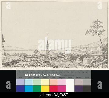 Cette gravure non datée de Johann Jakob Aschmann montre la place du marché de Richterschweil. L'œuvre est une gravure de contour avec un accent sur les éléments architecturaux de la région. Banque D'Images