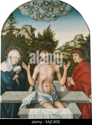 La peinture de Lucas Cranach l'ancien de 1524, qui fait partie du retable de Pfirtscher, représente Christ comme l'homme des douleurs, assis entre la Vierge Marie et John. La tempera sur panneau de chaux est un exemple clé de la religion de Cranach Banque D'Images