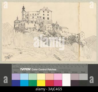 La représentation montre une vue extérieure du Schloss Tarasp à Tarasp, mettant en évidence sa conception architecturale et sa structure. Banque D'Images