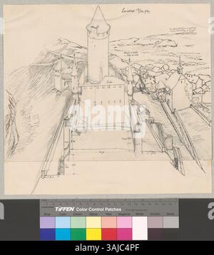 Ce dessin de 1892 de Johann Rudolf Rahn montre une vue extérieure du château de Lucens, en Suisse, dessinée depuis un point de vue élevé, mettant en évidence les environs du château. Banque D'Images