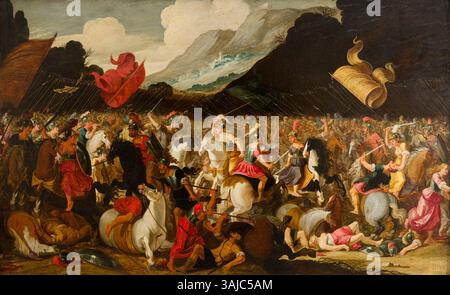 Attribuée à Otto van Veen, cette peinture à l'huile du XVIe siècle représente la bataille légendaire entre Alexandre le Grand et les Amazones. L'œuvre met en valeur l'action dynamique et les figures détaillées au milieu du combat, mettant l'accent sur la force et l'héroïsme. Banque D'Images