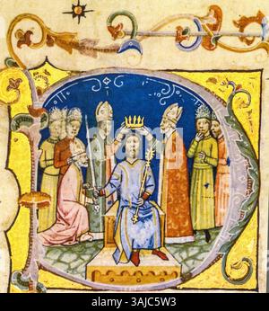 Une page du « Chronicon Pictum » hongrois, montrant le couronnement du roi André, avec des détails complexes de la cérémonie royale, représentant le roi et les évêques. Banque D'Images