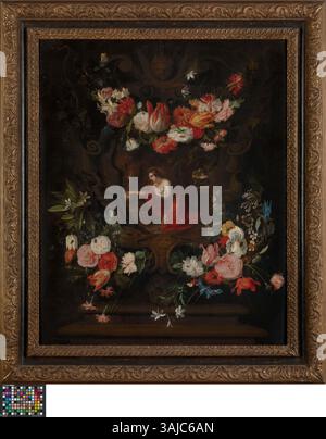 « Couronne florale avec Marie-Madeleine » de Daniel Seghers représente le saint encadré par un arrangement floral délicat, reflétant le style baroque. Cette peinture à l'huile sur panneau met en valeur l'imbrication de la nature et de l'iconographie religieuse, typique de l'œuvre de Seghers. Banque D'Images