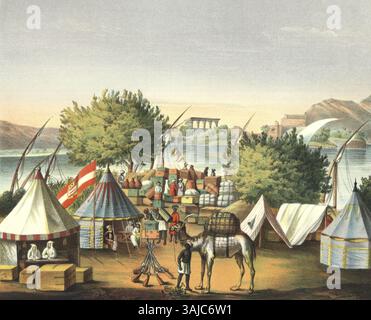 Cette estampe historique slovène d'octobre 1853 représente le camp de Knobleharjev près d'Assouan, en Égypte, avec les ruines du temple d'Isis en arrière-plan. L'estampe reflète l'intérêt européen du XIXe siècle pour l'égyptologie et l'exploration. Banque D'Images