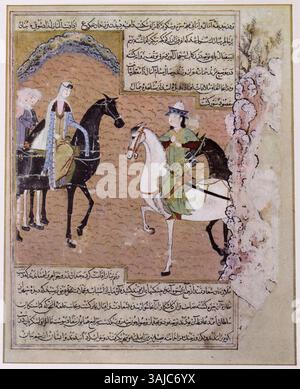 Cette scène de la 'Zafarnama' de 1436 montre la princesse Sarai Mulk Khanum rencontrant des officiers militaires en Perse. La peinture illustre son rôle dans les affaires politiques et militaires pendant la période Timuride. Banque D'Images