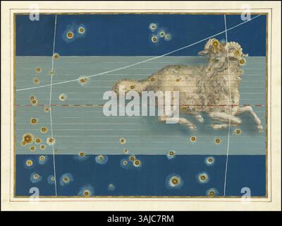 La carte céleste de Johann Bayer de 1603, le Bélier, représente la constellation du Bélier, une figure importante du zodiaque. L'illustration montre l'expertise de Bayer dans les cartes astronomiques et son approche détaillée de la cartographie des étoiles et des constellations. Banque D'Images