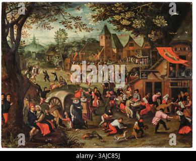 Peinture à l'huile du XVIIe siècle attribuée à Pieter Brueghel II, représentant une fête de village en l'honneur de Saint Sébastien. La scène animée capture un moment de célébration, typique du style Brueghel. Banque D'Images