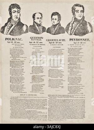 Cette estampe de décembre 1830 représente quatre ministres français — Polignac, Guernon-Ranville, Chantelauze et Peyronnet — qui ont été jugés par la Chambre des pairs à la suite des troubles politiques pendant la Révolution de juillet. Banque D'Images
