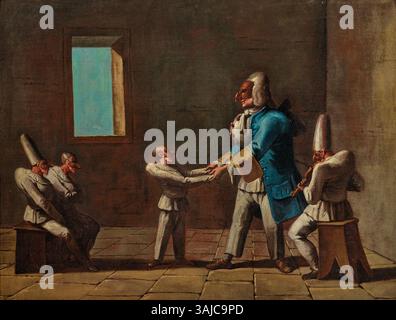 Le tableau 'Education of Pulcinella 3' de l'école vénitienne du XVIIIe siècle fait partie d'une série représentant l'éducation de Pulcinella. Cette huile sur toile mesure 72 x 94,5 cm et poursuit l'exploration de l'apprentissage du personnage dans un contexte théâtral. Banque D'Images