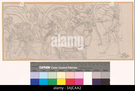 Le dessin représente une section du cycle de la danse de la mort, représentant une bataille entre squelettes et chevaliers armés des années 1520/30, dans la maison Bone de Stephan à Leuk. Banque D'Images