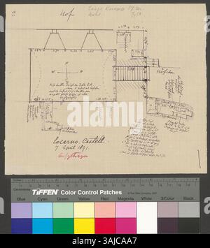 Ce dessin de 1891 de Johann Rudolf Rahn montre le château de Locarno, en Suisse, mettant en valeur l'architecture médiévale et le paysage environnant. Banque D'Images