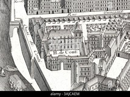 Cette carte de Turgot de 1739 montre le Hôtel de Conti, offrant un aperçu du paysage urbain et de l'architecture de Paris au XVIIIe siècle. Une source vitale pour l'urbanisme historique. Banque D'Images