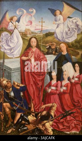 La Résurrection du Christ, attribuée au Maître de Dreux Budé, présente le retour triomphant du Christ de la mort. Le tableau représente Jésus, avec des figures telles que Jeanne Peschard et ses filles, dans une scène vivante de résurrection et d'iconographie religieuse du XVe siècle. Banque D'Images
