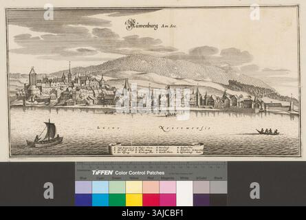 Cette gravure de Caspar Merian, créée entre 1653 et 1654, représente Nüwenburg am See. Il fait partie de l'ouvrage 'Topographia Helvetiae, Rhaetiae et Valesiae', publié pour la première fois à Francfort en 1653. L'estampe mesure 20,6 x 39,4 cm et a été publiée dans un état précoce sans l'inscription latine. Banque D'Images