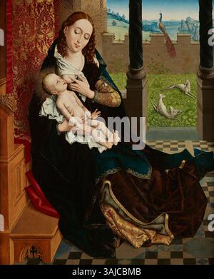 La 'Vierge infirmière' du Maître du feuillage brodé, peinte vers la fin du XVe siècle, est une œuvre d'art religieuse mettant en vedette la Vierge Marie allaitant l'enfant Jésus, typique de la dévotion de l'époque Banque D'Images