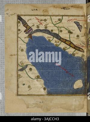 Cette carte montre le nord-ouest de la péninsule ibérique dans une copie de 1300 du Grand Atlas d'al-Idrissi, qui a été achevé en 1154 sous la commande de Roger II de Sicile. Connue sous le nom de Tabula Rogeriana, cette carte est l'un des plus anciens exemples de cartographie islamique. Banque D'Images