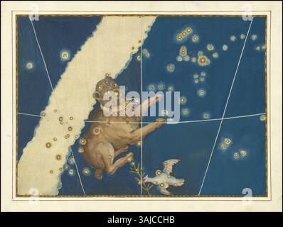 'Canis Major', cartographié par Johann Bayer en 1603, est une constellation située dans le ciel méridional. La carte met en évidence sa position et ses étoiles, y compris Sirius, l'étoile la plus brillante du ciel nocturne, ce qui en fait un élément céleste important dans l'atlas stellaire de Bayer, 'Uranometria'. Banque D'Images