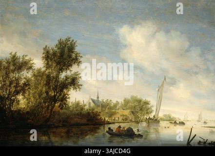 'Riverbank and Village' de Salomon van Ruysdael, peint vers 1645, capture un paysage rural serein avec une rivière qui coule et un village lointain. L’huile sur panneau illustre la maîtrise de l’artiste dans la représentation de paysages naturels avec une attention particulière à la lumière et à l’atmosphère. Banque D'Images
