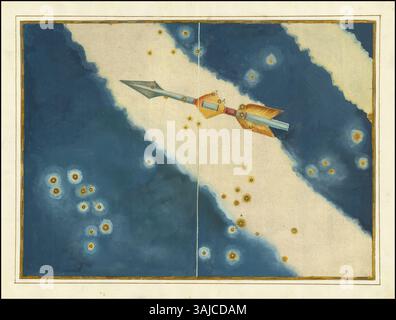 'Sagitta', une carte céleste créée par Johann Bayer en 1603, représente la constellation étoilée de Sagitta. La carte fait partie de l'influente Uranometria de Bayer, qui répertorie les étoiles et les constellations. Banque D'Images