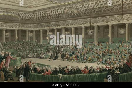 Gravure représentant la décision de l’Assemblée nationale d’abandonner tous les privilèges lors de la séance nocturne du 4 au 5 août 1789 à Versailles. Ce moment charnière a marqué un événement clé de la Révolution française. Banque D'Images