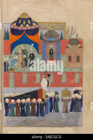 Cette page manuscrite enluminée de 1579 dépeint le cortège funéraire de Suleyman le magnifique, le sultan ottoman, mettant en valeur l'opulence et la solennité de ses rites funéraires. Il fait partie de l'histoire du sultan Suleyman, avec des représentations détaillées du processus de deuil et de la grandeur des pratiques cérémonielles de l'Empire ottoman. Banque D'Images