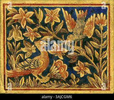 Cette peinture Hinterglas du XVIe siècle de Nürnberg, représentant deux oiseaux perchés sur des branches de fleurs, est réalisée selon la technique de l'Eglomisé. La pièce se distingue par une feuille d'or gravée, des contours noirs et rouges, et un fond bleu foncé avec du papier d'étain, attribué au cercle d'Augustin Hirschvogel. Banque D'Images