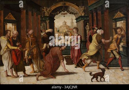 Un tableau de 1540 intitulé « Christ et la femme pris en adultère » par un maître anonyme, représentant la scène biblique où Jésus défend une femme accusée d'adultère. Cette œuvre religieuse, peinte sur panneau, fait partie de la collection du Musée des Beaux-Arts de Gand, mettant en valeur des thèmes chrétiens au XVIe siècle Banque D'Images