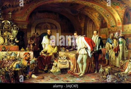 Le tableau de 1875 d'Alexander Litovchenko montre Ivan le terrible exposant ses trésors à l'ambassadeur anglais Jerome Horsey. Ce moment reflète les échanges diplomatiques du tsar russe Ivan IV avec l’Angleterre au XVIe siècle. Banque D'Images