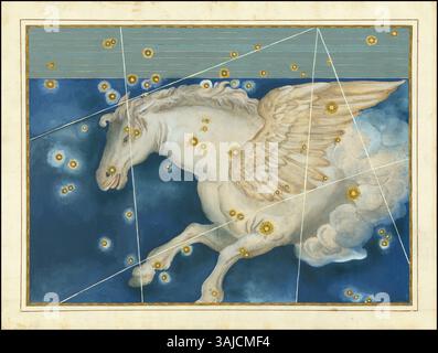 Cette carte céleste, créée par Johann Bayer en 1603, représente la constellation de Pégase. Il fait partie de l'influent atlas stellaire de Bayer, Uranometria, illustrant les étoiles de la constellation de Pégase avec précision et clarté. Banque D'Images