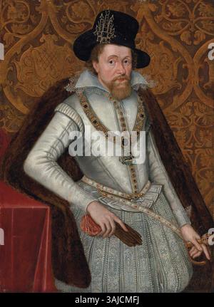 Ce portrait, attribué à Jean de Critz, montre le roi Jacques Ier d'Angleterre et VI d'Écosse au début du XVIIe siècle. La peinture le représente en tenue royale, avec un collier en dentelle, un tuyau incrusté de bijoux et une manteau de fourrure, symbolisant son statut royal. Banque D'Images