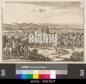 Cette gravure de Caspar Merian datant d'après 1653 représente la ville d'Oron en Suisse. L'estampe, mesurant 24,2 x 32,6 cm, a été publiée pour la première fois dans la série 'Topographia Helvetiae'. Il est étiqueté en latin et en allemand. Banque D'Images