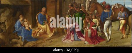 'Adorazione dei Magi' (Adoration des Mages) est une peinture de Giorgione, créée entre 1506 et 1507. Il représente la scène biblique de la visite des Mages à l’enfant Christ, en présence de Marie. L’œuvre met en valeur l’utilisation du paysage et de la lumière par Giorgione pour améliorer le récit. Huile sur panneau. Banque D'Images