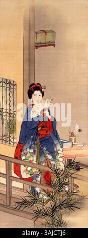 Cette œuvre de Kno Bairei, intitulée 'Gijozu', peinte en 1873, présente une représentation très détaillée d'un coq. L'accent mis sur le coq dans la peinture japonaise traditionnelle met l'accent sur les couleurs vives et le brossage complexe caractéristique du style Bairei. Banque D'Images