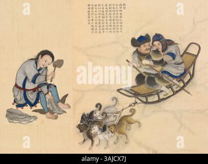 Cette œuvre de 1769 de la série Huang Qing Zhigong tu par un artiste chinois met en scène le peuple Hezhe (Nanai), mettant en évidence la diversité ethnique présente pendant la dynastie Qing. Banque D'Images