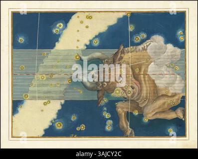 *Taureau* (1603) de Johann Bayer est une carte céleste qui met en évidence la constellation du Taureau. La carte astronomique illustre la contribution de Bayer au domaine de la cartographie céleste au début du XVIIe siècle. Banque D'Images
