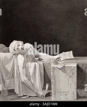 Cette version recadrée de la gravure « la mort de Marat » d'Antoine-Alexandre Morel en 1793 se concentre sur la représentation détaillée de l'assassinat de Marat. La pièce souligne le moment poignant de la Révolution française où Marat est allongé dans sa baignoire, symbole du martyre révolutionnaire. Banque D'Images