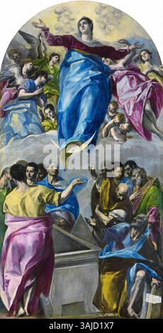 Peinture religieuse d'El Greco, représentant l'Assomption de la Vierge, réalisée entre 1577 et 1579. L'huile sur toile capture le moment dramatique de l'ascension de Marie, mettant en valeur l'utilisation distincte de la couleur et de la lumière par El Greco. Banque D'Images