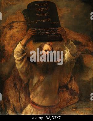 Cette peinture représente Moïse descendant du mont Sinaï, tenant les tablettes de la loi. En rencontrant les Israélites adorant le veau d'or, Moïse, en colère, brise les tablettes. La scène capture le moment dramatique de sa frustration divine. Médium : huile sur toile, 1659. Banque D'Images