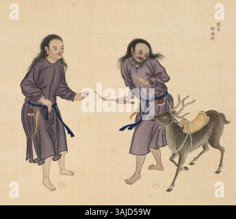Cette peinture de 1769 de la série Huang Qing Zhigong tu représente le peuple Oroqen de la région de Guandong en Chine, mettant en évidence la diversité ethnique de la dynastie Qing. Banque D'Images