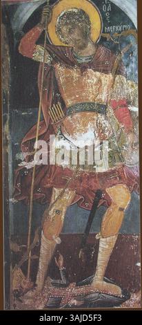 Cette fresque de Théophane le crétois, peinte en 1527, représente Mercure tuant un roi. Il est situé dans l'église du monastère de Saint Nicolas Anapafsas, Météores, Grèce, montrant la représentation détaillée de thèmes mythologiques par l'artiste. Banque D'Images