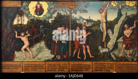 Law and Grace est une peinture allégorique de Lucas Cranach l'ancien et de son atelier, créée entre 1535 et 1540. Il dépeint les thèmes de la justice divine et de la miséricorde. Le travail est exécuté sur du bois de hêtre et fait partie de la collection Klassik Stiftung Weimar. Banque D'Images