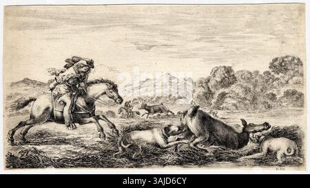 Tirage entre 1610 et 1664 montrant un cerf dans un marais, arrêté par deux chiens. Partie de la collection Bibliothèque municipale à Metz. Banque D'Images