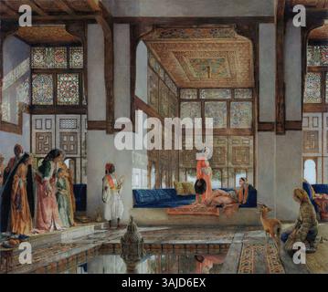 « A Lady Receiving Visitors » (1873) de John Frederick Lewis capture une scène intime de la vie sociale victorienne. La peinture à l’huile représente une femme saluant les visiteurs, mettant en valeur l’habileté de l’artiste à rendre la lumière, la texture et les scènes intérieures. Banque D'Images