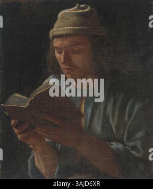 Autoportrait, lecture de Michiel Sweerts, peint vers 1646-1654, capture l'artiste dans une pose réfléchie, lisant un livre. L'huile sur toile mesure 35,5 x 30,2 cm et est conservée dans une collection privée en Suisse. L'œuvre reflète le style de réalisme détaillé et d'auto-représentation introspective de Sweerts. Banque D'Images