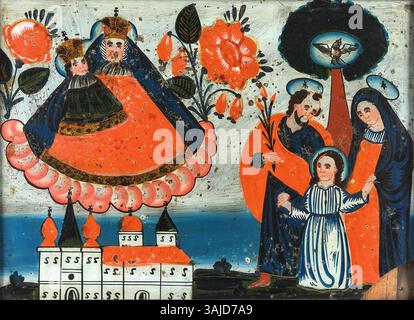 Cet Hinterglasbild du XIXe siècle de Sandl représente la Vierge Mariazeller flottant au-dessus d'une basilique, avec Saint Joseph et l'enfant Jésus au premier plan. L'œuvre reflète des thèmes religieux traditionnels et le symbolisme spirituel. Banque D'Images