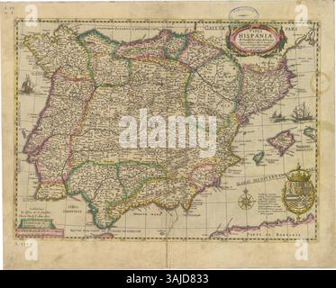 Carte de la péninsule ibérique de 1631, colorée à la main et montée sur toile. La carte présente la péninsule ibérique, les îles Baléares et la côte nord de l'Afrique. La conception comprend un cartouche, un blason royal et des indicateurs d'échelle. Banque D'Images
