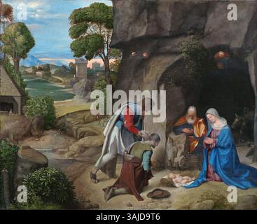 « L’Adoration des bergers » de Giorgione (c. 1505-1510) représente la scène de la nativité avec l’enfant Christ entouré de Marie et Joseph, alors que les bergers se rassemblent pour offrir leur culte. La composition sereine souligne la nature divine du Christ enfant et le cadre humble et paisible de la naissance, caractéristique du style Renaissance vénitienne. Banque D'Images