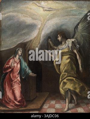 Peinture à l'huile de l'Annonciation, d'après El Greco (1541-1614), datant d'environ 1614. Cette œuvre d’art religieux reflète le style dramatique et la palette de couleurs vives typiques de l’œuvre d’El Greco. Banque D'Images