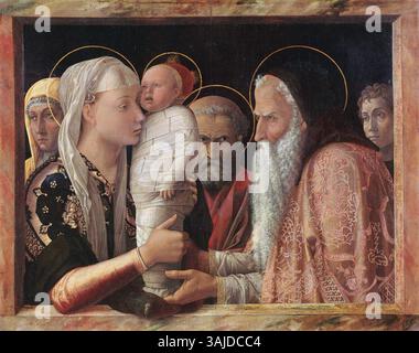 La présentation au Temple d'Andrea Mantegna (c. 1444-1464) dépeint la Vierge Marie présentant l'enfant Jésus au temple. La peinture illustre la maîtrise de Mantegna de la tempera sur toile, capturant à la fois la signification religieuse et le cadre architectural, mélangeant les figures humaines et le sacré. Banque D'Images